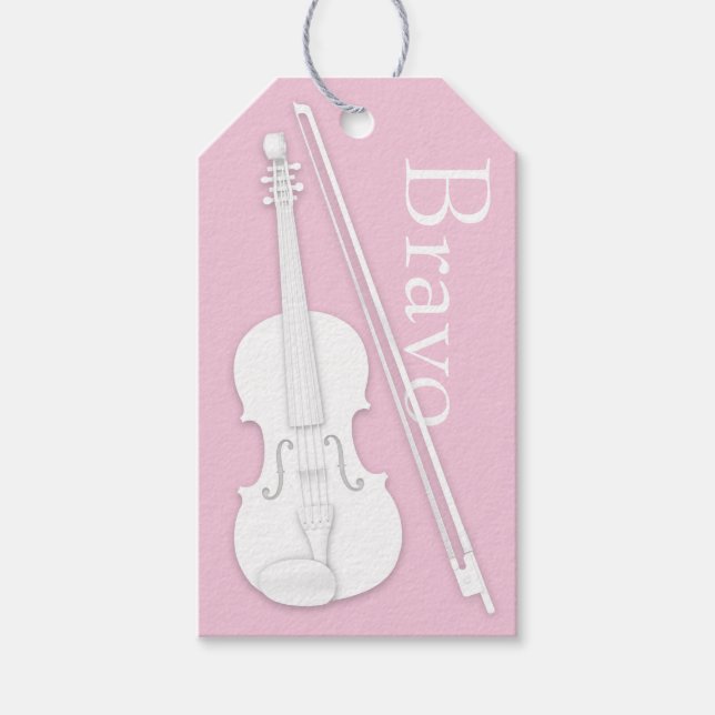 White Violin & Bow Rosa Musical Tillfälle Anpassni Presentetikett (Framsidan)