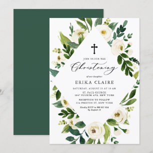 White Watercolor Blommigt Löv Ram Christening Inbjudningar