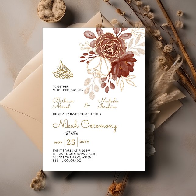 White Watercolor Blommigt Rustic Guld Muslim Nikah Inbjudningar (Skapare uppladdad)