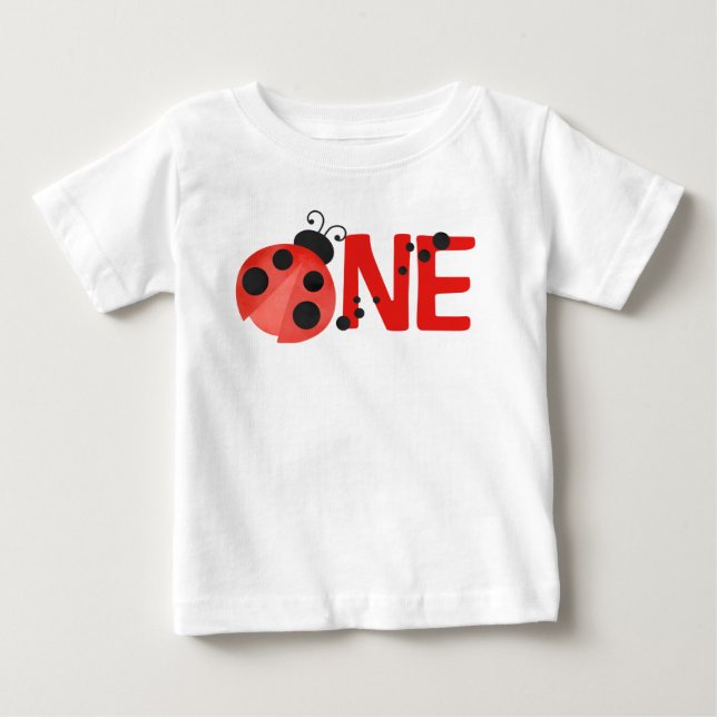 White Watercolor Ladybug ONE 1st Birthday T-Shirt (Framsida)
