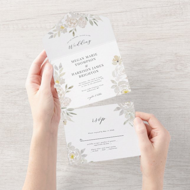 White Watercolor Peony Wedding-inbjudan (Tearaway)