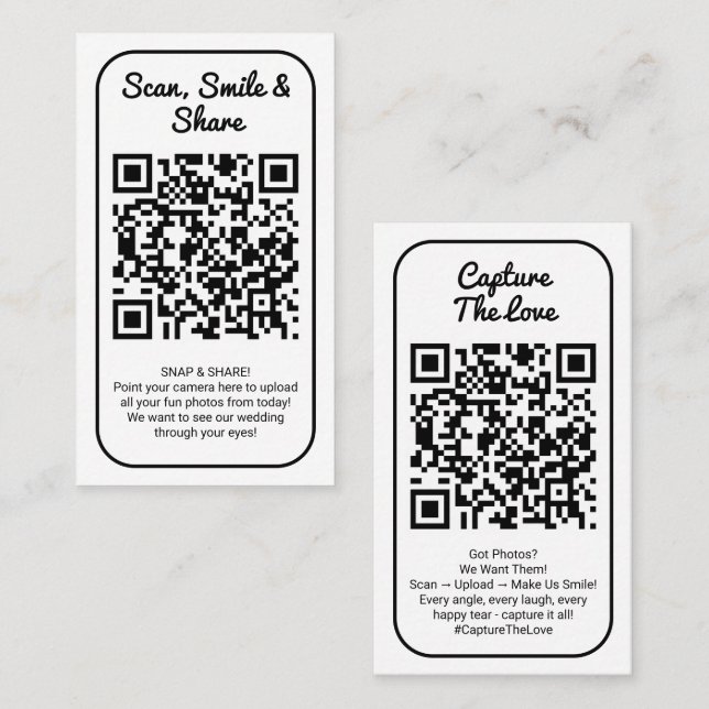 White Wedding Photo Sharing Capture Love QR Code  Visitkort (Fram/baksida)