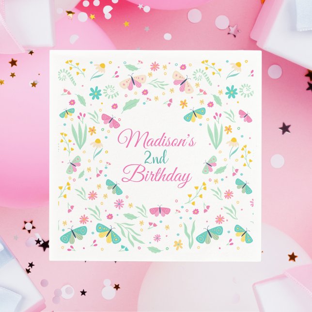 White Whimsical Garden Butterfly Girls Birthday Pappersservett (Skapare uppladdad)