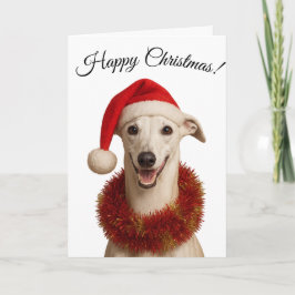 White whippet in Santa hat Christmas Holiday card Helgkort