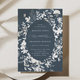White Wildblomsihouette Bröllop Navy Blue Inbjudningar