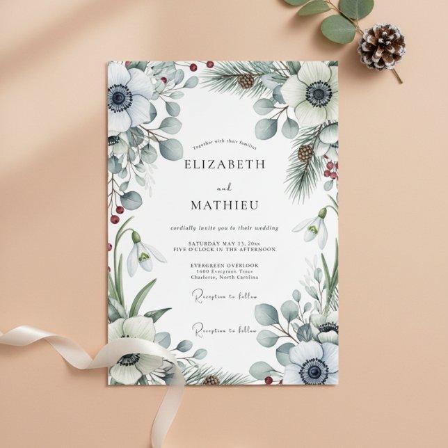 White Winter Botanical Romance Wedding Inbjudningar (Skapare uppladdad)