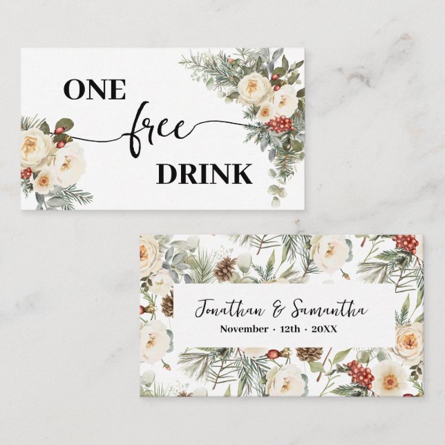 White Winter Floral Free Drink Wedding Ticket Card Rabattkort (Fram/baksida)