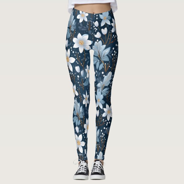 White Winter Flowers Mönster Leggings (Framsida)
