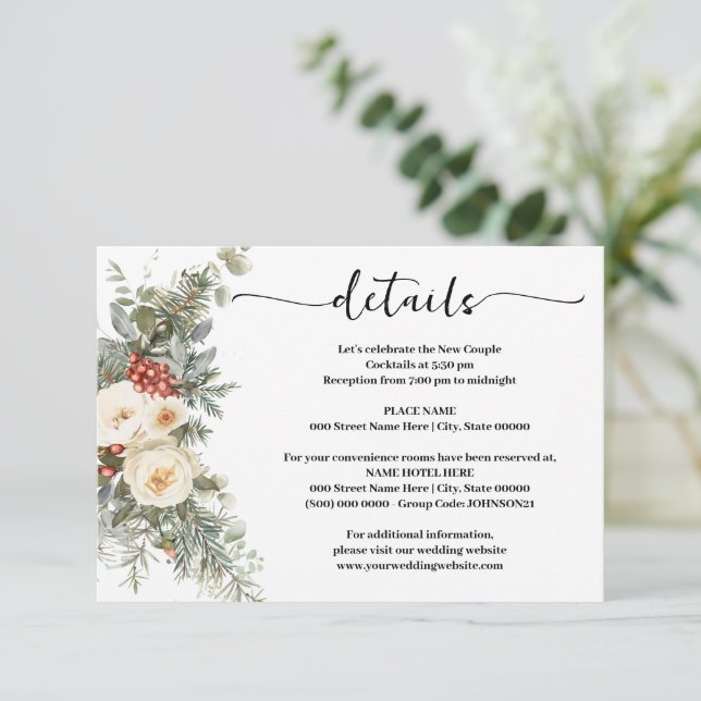 White Winter Flowers Wedding Details Insert Card Tilläggskort (Stående Fram)