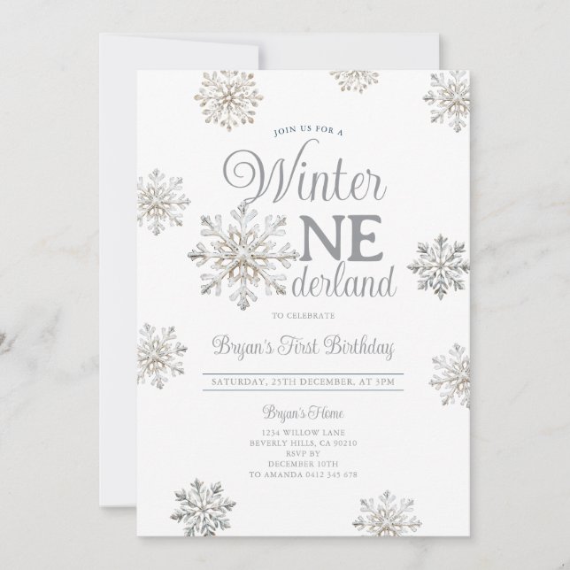 White Winter Onederland Silver Snowflakes Birthday Inbjudningar (Framsida)