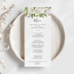 White Winter Peony Blommigt Dinner Meny<br><div class="desc">Det här vita perfekten för en modern bröllop är  för det här vita  på blommigten för vinterpeony. Utformningen har vackra,  handdragna vita peonier som buntas till små buketter med burgundknoppar och grönt löv. Den här menyn kan användas för bröllopsmottagning,  repetitionsmiddag,  möhippa eller vilken händelse som helst.</div>