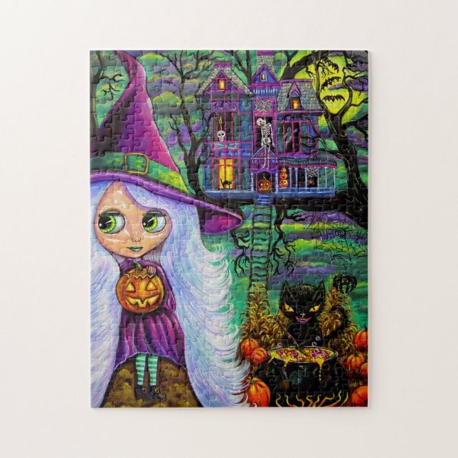 White Witch Haunted Träd House Black Cat Halloween Pussel (Vertikal)