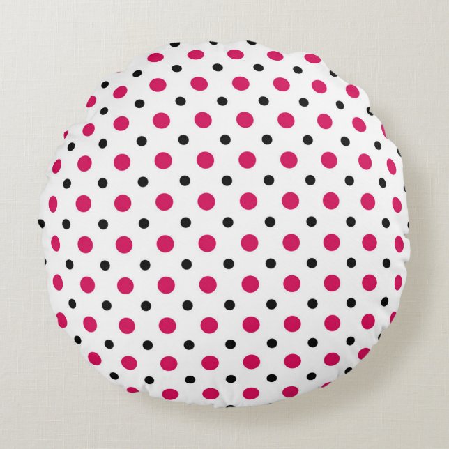 White with black and hot pink dots rund kudde (Framsidan)