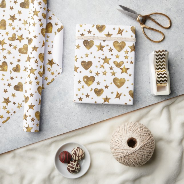 White With Gold Sparkle Hearts Presentpapper (Hantverk)