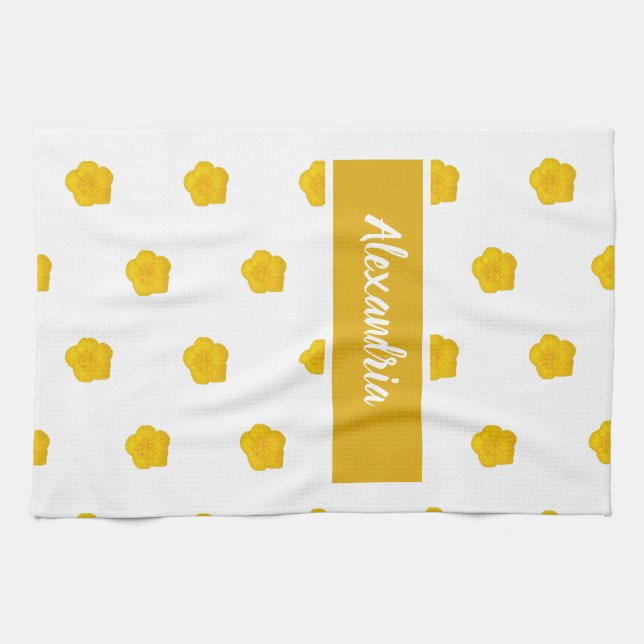 White With Yellow Wildflower Photos Custom Name Kökshandduk (Horisontell)