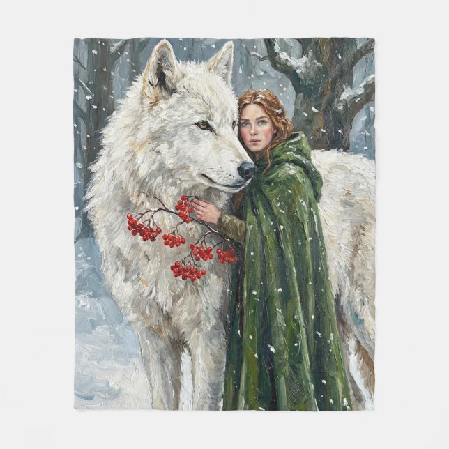 White Wolf Redhead Druid Winter Berries Fantasy Ar Fleecefilt (Framsidan)