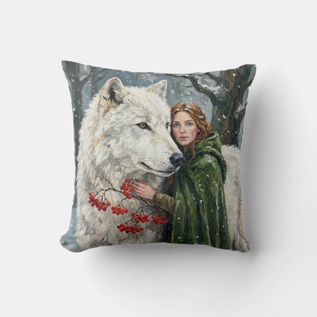 White Wolf Redhead Druid Winter Berries Fantasy Ar Kudde (Framsida)