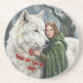 White Wolf Redhead Druid Winter Berries Fantasy Ar Underlägg