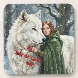 White Wolf Redhead Druid Winter Berries Fantasy Ar Underlägg