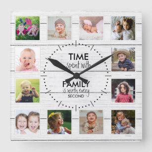 White Wood 12 Photo Template Time Family Quote Fyrkantig Klocka