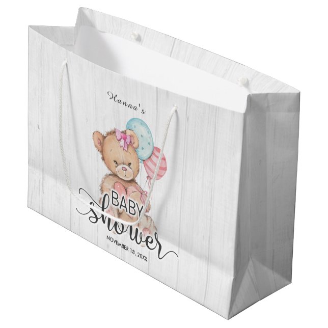 White Wood Balloy & Nalle Girl Baby Shower (Framsidan Vinklad)