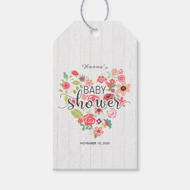 White Wood Blommigt Heart Girl Baby Shower Tack Presentetikett (Framsidan)