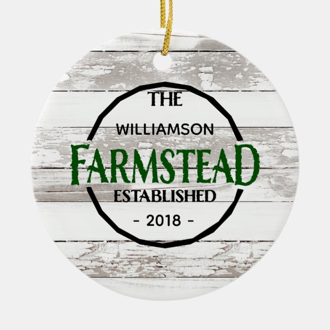 White Wood Farmhouse Family Namn jul Julgransprydnad Keramik (Framsidan)