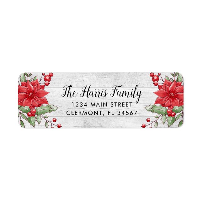 White Wood jul Poinsettia Holly Berry Label Returadress Etikett (Framsidan)