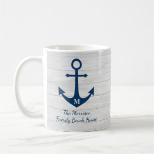 White Wood Monogram Beach House Anchor Family Kaffemugg