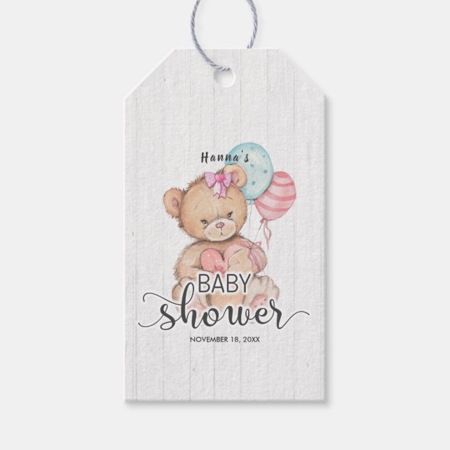 White Wood & Nalle Girl Baby Shower Tack Presentetikett (Framsidan)