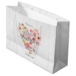 White Wood & Rosa Blommigt Heart Girl Baby Shower