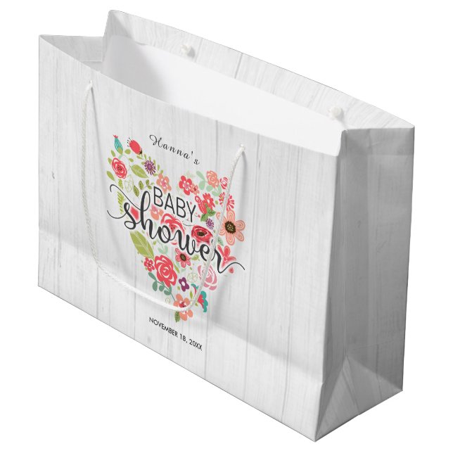 White Wood & Rosa Blommigt Heart Girl Baby Shower (Framsidan Vinklad)