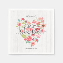 White Wood & Rosa Blommigt Heart Girl Baby Shower