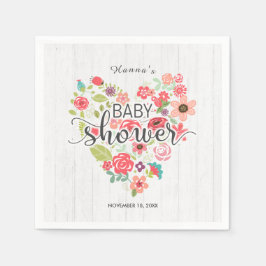 White Wood & Rosa Blommigt Heart Girl Baby Shower Pappersservett
