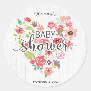 White Wood & Rosa Blommigt Heart Girl Baby Shower Runt Klistermärke