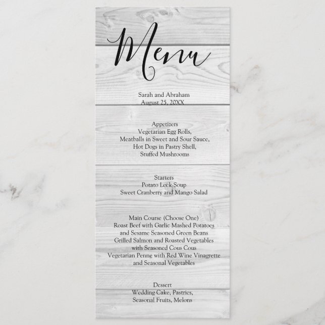 White Wood Rustic Chic Bröllop Menu Meny (Framsida)