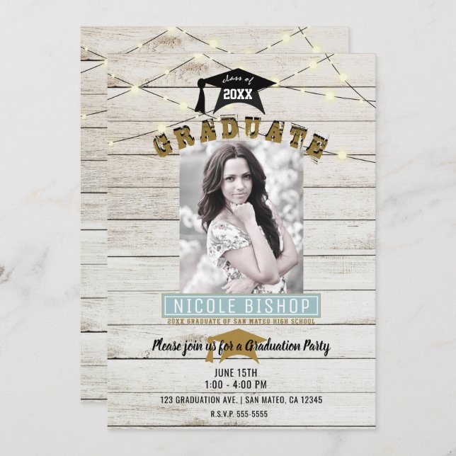 White Wood Snöre Ljus Studentfest Inbjudningar (Fram/baksida)