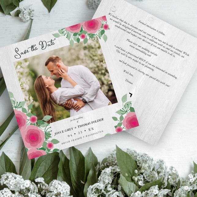 White Wood Spring Blooming Pink Shades Wedding Spara Datumet (White Wood Spring Blooming Pink Shades Wedding Photo Save the Date Card with Envelope.)