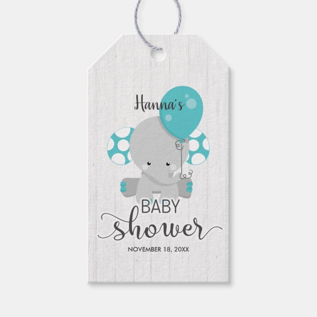 White Wood & Teal Elephant Baby Shower Tack Presentetikett (Framsidan)