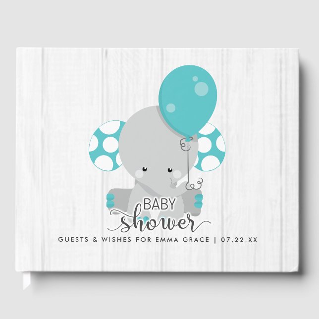 White Wood & Teal Elephant Önskemål for Baby Showe Gästböcker (Framsida)
