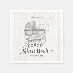 White Wood & Vintage Carriage Girl Baby Shower Pappersservett