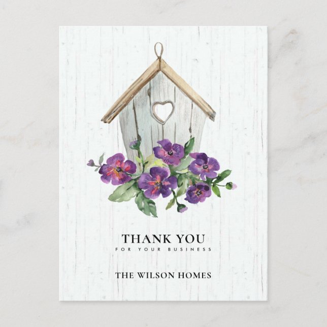WHITE WOODEN BLOMMIGT BIRDHOUSE REALTOR TACK MEDDELANDE VYKORT (Framsida)
