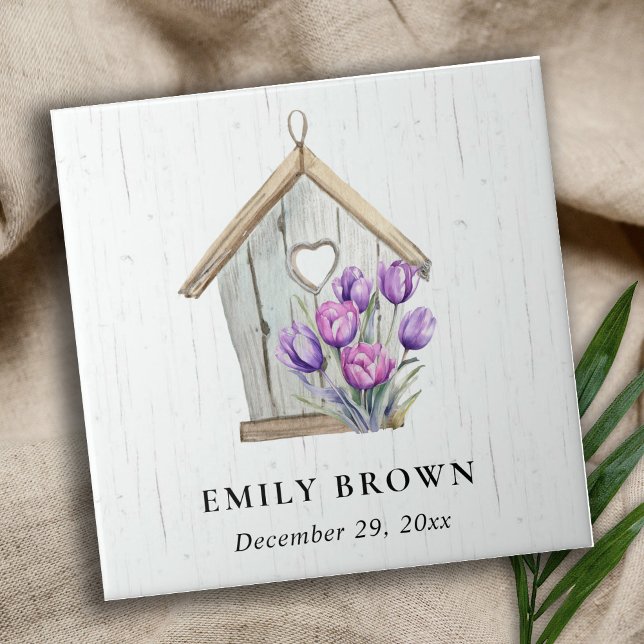 White Wooden Rustic Lila Tulip Blommigt Birdhouse Kakelplatta (Skapare uppladdad)