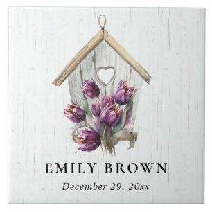 White Wooden Rustic Lila Tulip Blommigt Birdhouse Kakelplatta