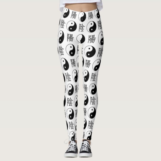White Yinyang Symbol Chinese Mönster Leggings (Framsida)