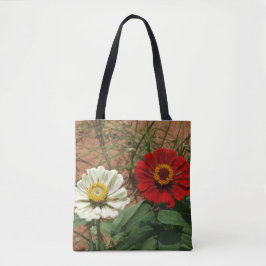 White Zinnia and Red Zinnia Tote Bag Tygkasse