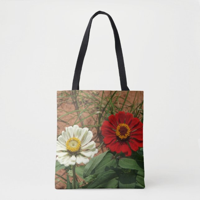 White Zinnia and Red Zinnia Tote Bag Tygkasse (Framsida)