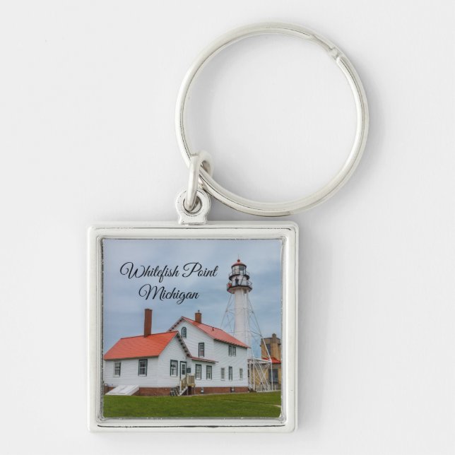 Whitefish Point Lighthouse Fyrkantig Silverfärgad Nyckelring (Framsidan)