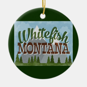 WhitefishMontana roliga Retro snöig berg Julgransprydnad Keramik