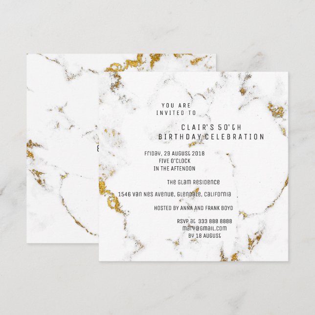 WhiteGold Carrara Marble Geometric Square Party Inbjudningar (Fram/baksida)